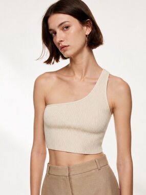 Aritzia BABATON Sculpt Knit One-Shoulder Ribbed Crop Top Size M Matte Pearl